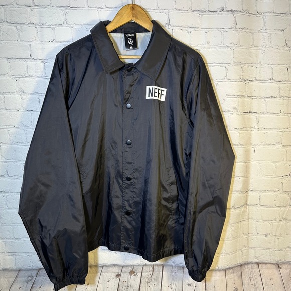 Neff Disney Mickey Mouse Coach Jacket Black Windbreaker Snap Front Womens Medium - Picture 8 of 14